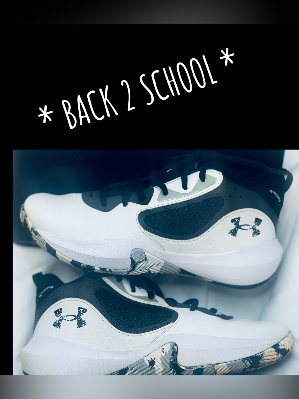 Under Armour Kids White Black Athletic Shoes with Camo Patterned Sole 5.5